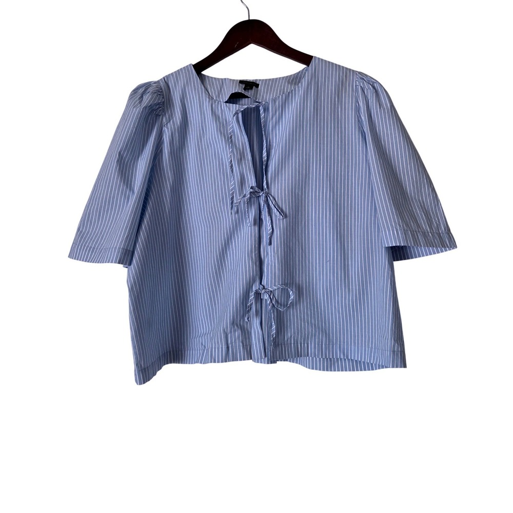 Ann Taylor Striped Triple Tie Blouse XL Blue White Cotton Puff Sleeve Coquette